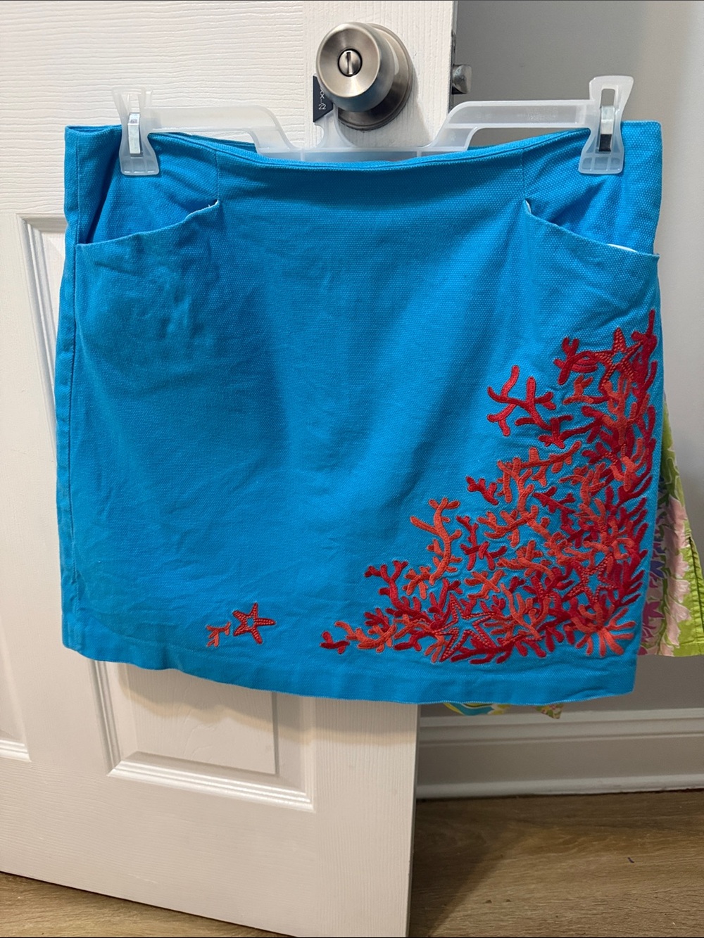 Lilly Pulitzer Turquoise Mini Skirt with Red Coral Embroidery